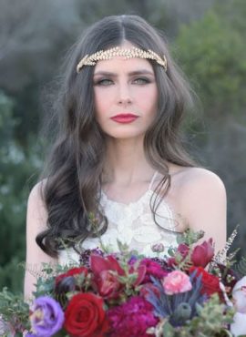 The Cleo Crown by Elizabeth Bower is a modern Grecian laurel crown, featuring brass stamped leaves. This brand new headpiece is available to try on at The Barefaced Bride studio.