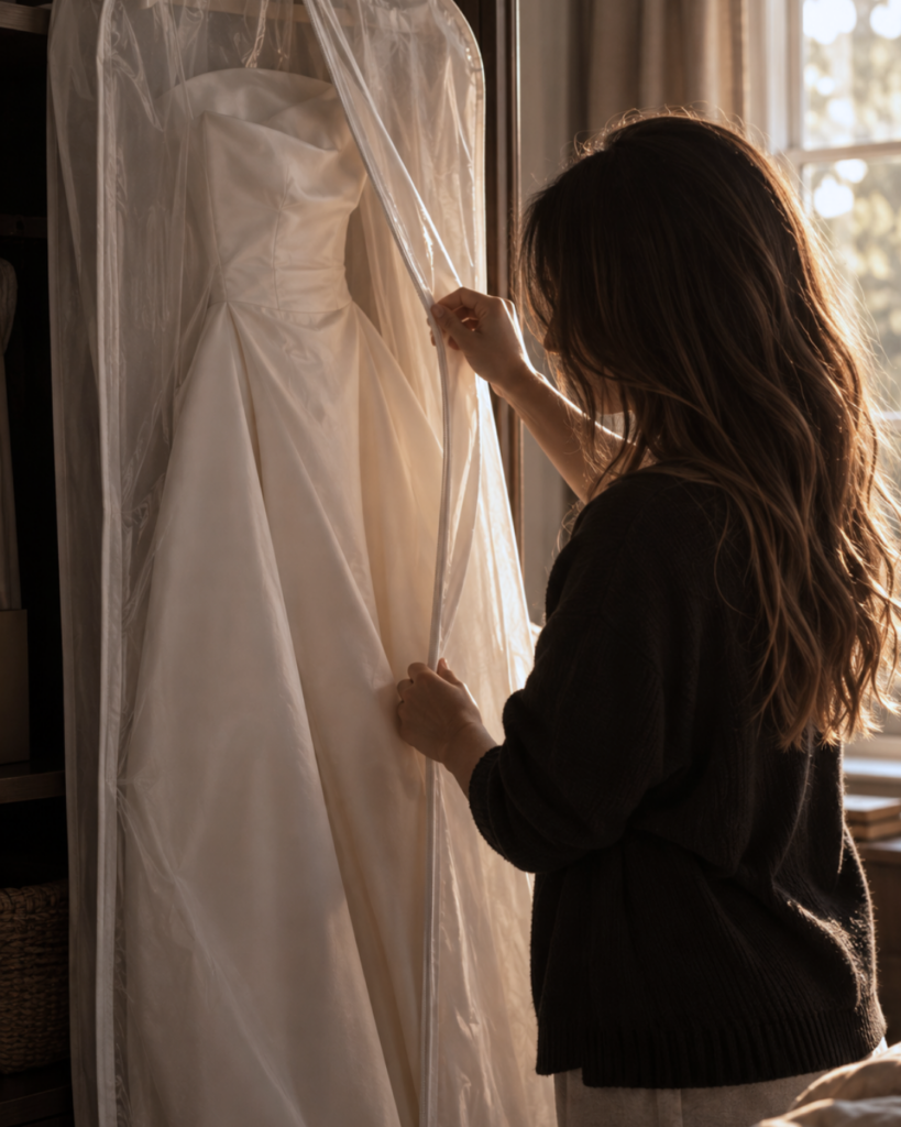 Unworn ivory wedding gown stored in a protective garment bag