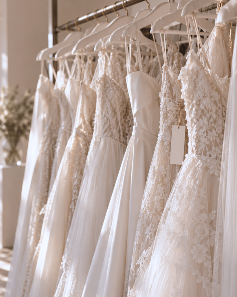 designer sample wedding gowns on a rail at Barefaced Bridal in the Sutherland Shire